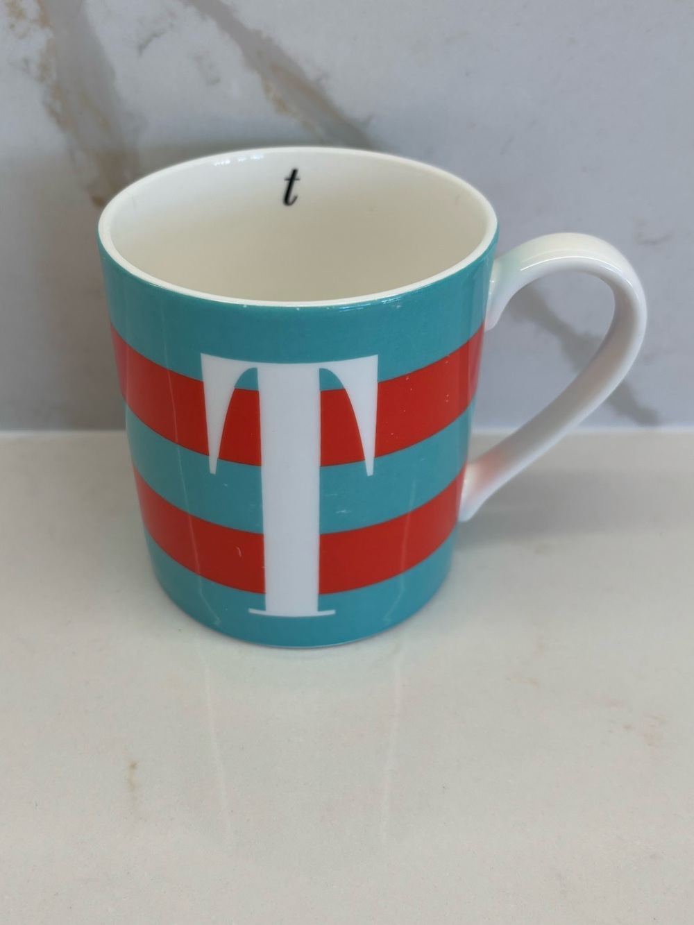 Kate Spade for Lenox "What’s in a name" Orange/Blue Striped Mug Initial "T”